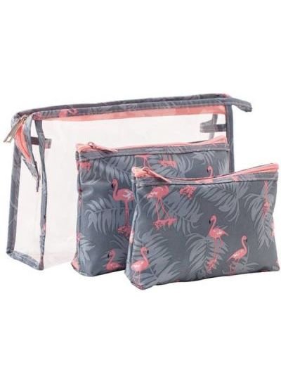 Generic 3-Piece Waterproof Cosmetic Bag Set Grey/Pink