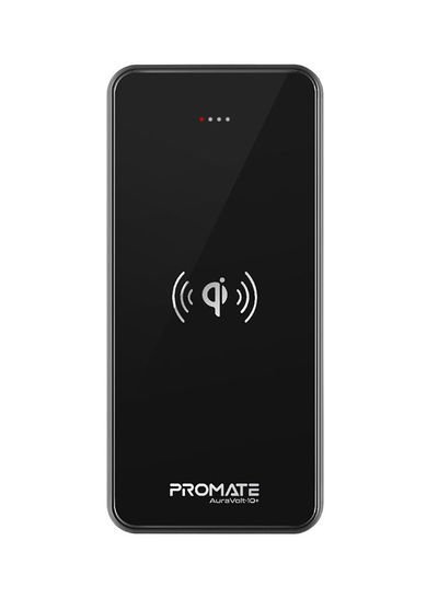 Promate 10000 mAh Qi Wireless Charger Power Bank, Portable  Fast Charging Portable Charger with Type-C Input/ Output Port, 2.1A Dual USB Port and Full Tempered Glass Panel for Smartphone, Tablet, AuraVolt-10+ Black Black
