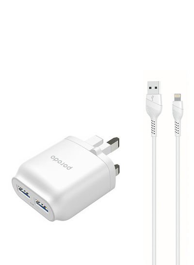 Porodo Dual USB Wall Charger With Cable White