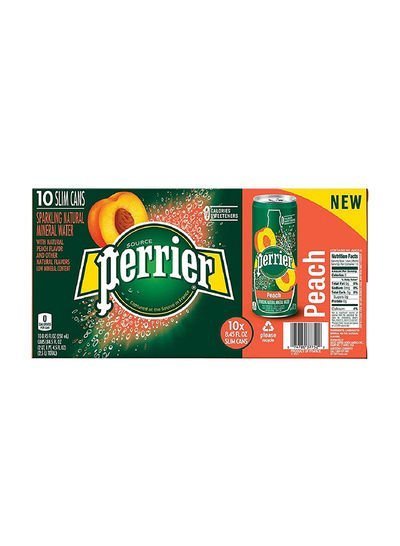 Perrier Carbonated Natural Spring Water With Peach Flavor Slim Can 250ml Pack of 10