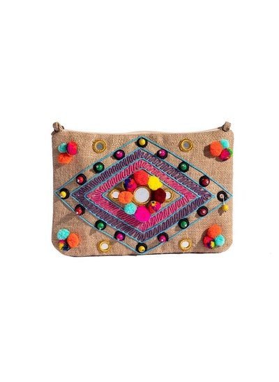 Couturelabs Brown Jute Multicolour Sling Bag