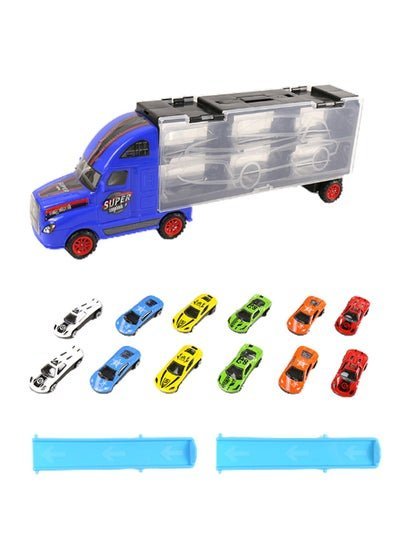 mumbo Jumbo 12-Piece Die Cast Cars Storage Truck With Slide, Six Mini Car Storage Container And Transportation Truck For Boy’s And Girl’s Above 3 Years Old 36 x 7 x 12.8cm