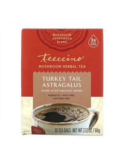 teeccino Teeccino, Mushroom Herbal Tea, Turkey Tail Astragalus, Caffeine Free, 10 Tea Bags, 2.12 oz (60 g)