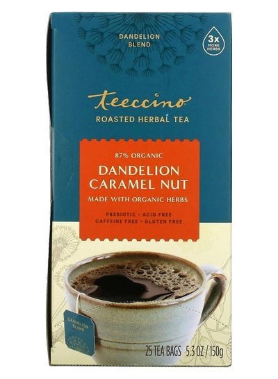 teeccino Roasted Herbal Tea Dandelion Caramel Nut Caffeine Free 25 Tea Bags 5.3 oz 150 g