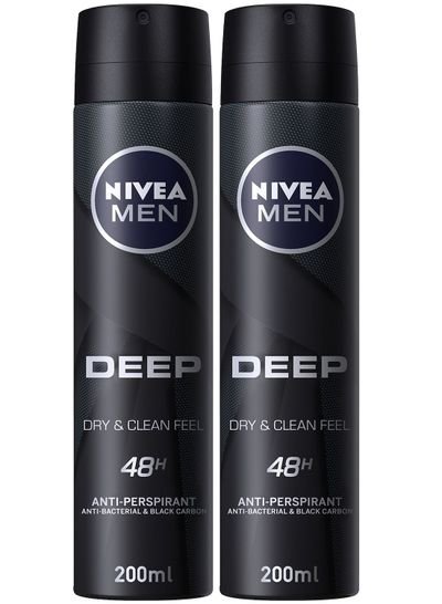 NIVEA NIVEA MEN Antiperspirant Spray for Men, DEEP Black Carbon Antibacterial, Dark Wood Scent, 2x200ml