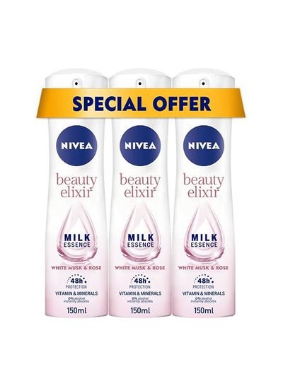 NIVEA NIVEA Beauty Elixir, Deodorant for Women, White Musk & Rose Scent, Spray 3x150ml