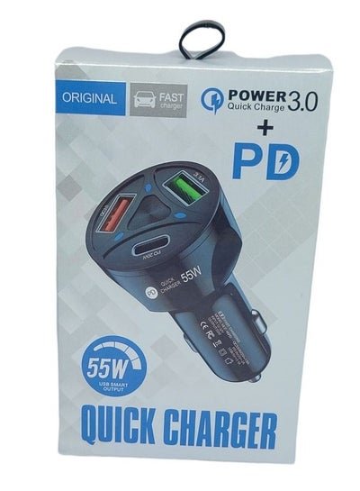 A ZONE 3 in 1 PD 55W type-C car charger super fast charging & USB 2 ports QC3.0 car charger station for laptops for phone