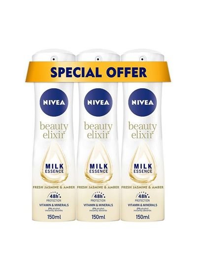 NIVEA NIVEA Beauty Elixir, Deodorant for Women, Fresh Jasmine & Amber Scent, Spray 3x150ml