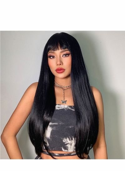 Helenny Women Black Straight Wig with Bangs Medium Length Hair Wig