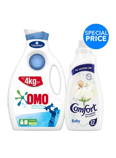 Omo Active Auto Laundry Detergent Liquid Sensitive Skin 2L And Concentrated Fabric Softener Baby 1.5L