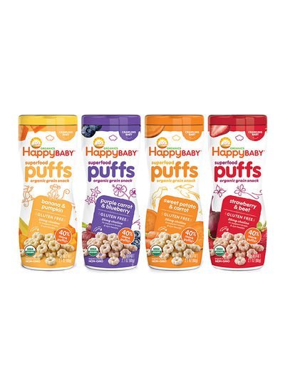 Happy Family Organics Superfood Puffs, Fortified Baby Snacks For Eye & Brain Health, Assorted Flavors 60g Pack of 3