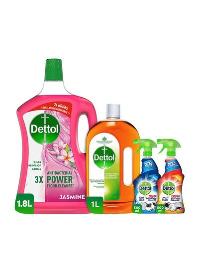 Dettol Super Saver Bundle – Jasmine Floor Cleaner, Antiseptic Liquid, Kitchen Trigger and Disinfectant Spray Multicolour