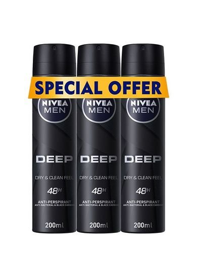 NIVEA NIVEA MEN DEEP Black Carbon, Antiperspirant for Men, Antibacterial, Spray 3x200ml