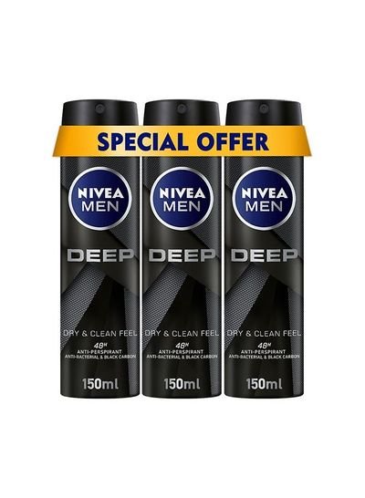 NIVEA NIVEA MEN DEEP Dry & Clean Feel, Antiperspirant for Men, Antibacterial, Spray 3x150ml