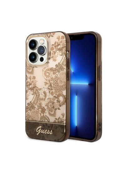 GUESS iPhone 14 Pro Max Back Cover with Double Layer Camera Outline and Printed Classic Pattern, Scratch 14 Proof, Non Fading, Slim Case Compatible With iPhone 14 Pro Max 6.7 Inches – Ochre