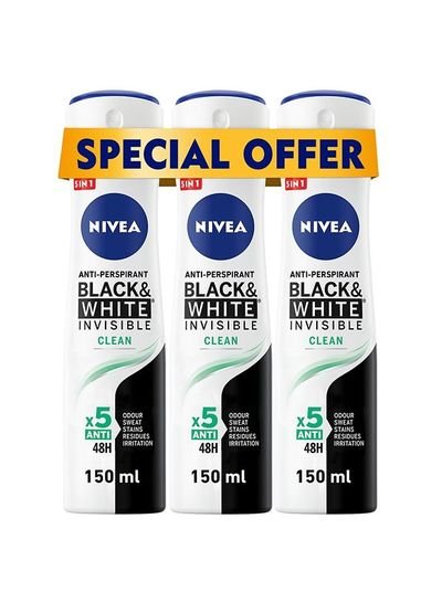 NIVEA NIVEA Black & White Invisible Clean, Antiperspirant for Women, Spray 3x150ml