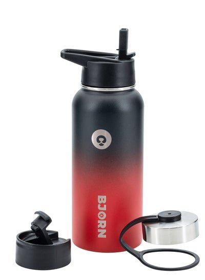 Bjorn Bjorn Sports Water Bottle – 3 Lids, Leak Proof, Vacuum Insulated Stainless Steel, Thermo Mug for Fitness, Gym, Exercise, Camping, Office – Coal Red 1000ml