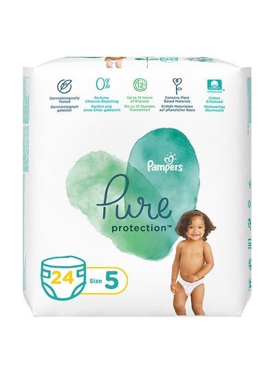 Pampers Pure Protection Diapers, Size 5, 11+ Kg, 24 Count – Dermatologically Tested, 0% Perfume, Chlorine And Bleaching