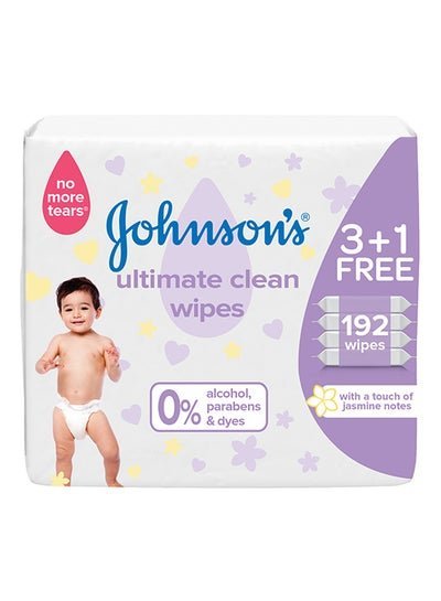 Johnson’s Ultimate Clean Baby Wipes With 0% Alcohol, Paraben And Dyes, 3 +1 Pack, 192 Wipes