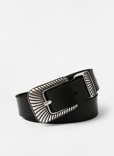 ONLY Textured Buckle Leather Belt Black