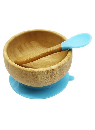 Amal Set Of 3 Piece Feeding Set Bamboo Bowl With Suction & Spoon Baby Dinnerware Blue