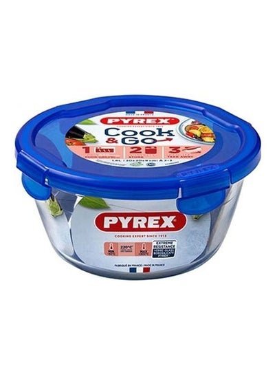 PYREX Cook And Go Round Glass Food Storage Container/Roaster With Airtight And Leakproof 4 Clip Locking Lid Transparent 20x20x9cm