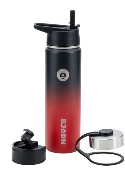 Bjorn Bjorn Sports Water Bottle – 3 Lids, Leak Proof, Vacuum Insulated Stainless Steel, Double Walled, Thermo Mug, Metal Canteen for Fitness, Gym, Exercise, Camping, Office – Coal Red 650ml