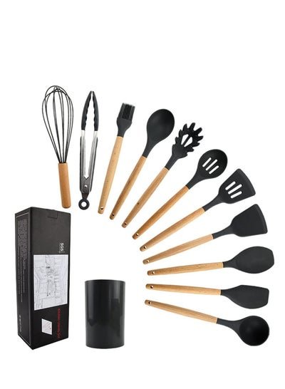 TYCOM MOSYCLE Silicone Cooking Utensils Kitchen Utensil Set – 11 Pieces Natural Wooden Handles Cooking Tools Turner Tongs Spatula Spoon for Nonstick Cookware – Best Kitchen Tools -BPA Free, Non Toxic