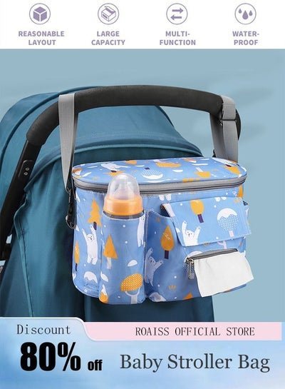 roaiss Multi-functional Baby Stroller Hanging Storage Bag with Mlik Bottle Pocket and Tissue Diaper Organizer for Mommy Outing Blue