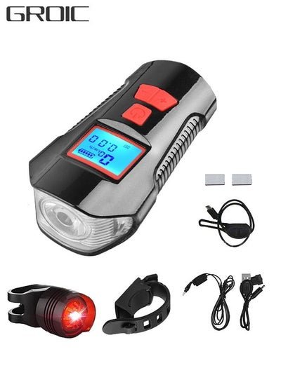 GROIC Bicycle Light Set with Horn and Speedometer, USB Rechargeable LED Cycle Front Light & Tail Light, IPX5 Waterproof, 4 Lighting Modes Super Bright, Fits All Mountain & Road Bike